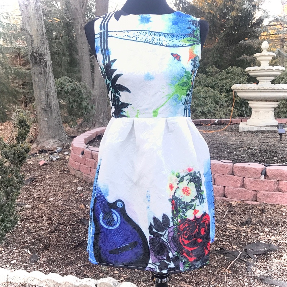 Multi print white empire waist dress round neck